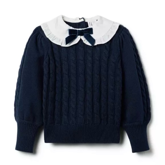 Janie and Jack The Cable Knit Bow Sweater, White Collar and Bow, Size 12-18 M - Picture 1 of 14